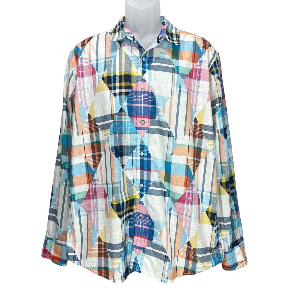 Sun + Stone‎ Men's XL Colorful Patchwork Print Plaid Western Snap Shirt